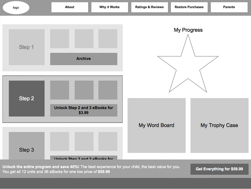 Hooked on Phonics wireframe